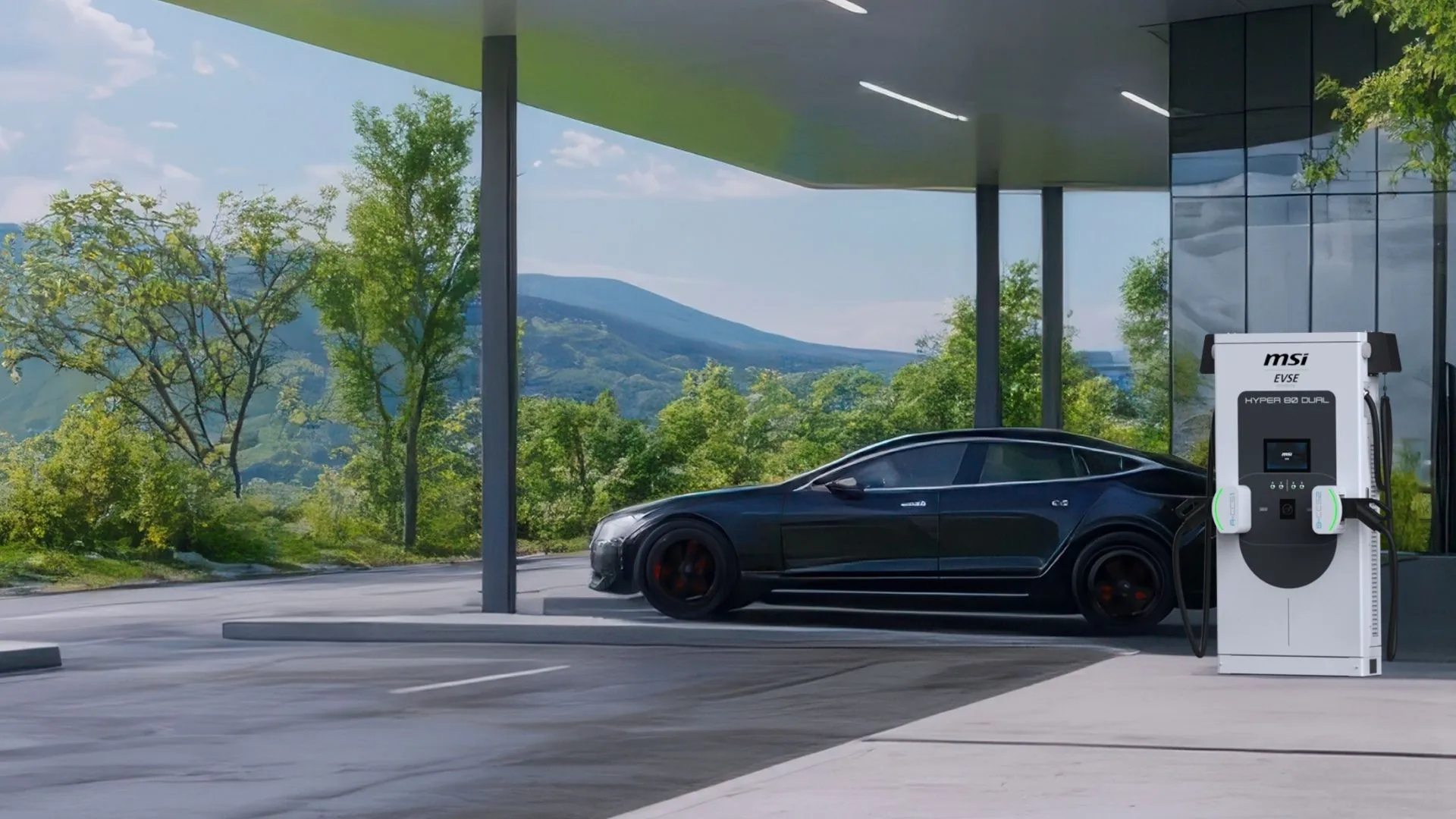 Hyper 80 Dual EV Charger ready to charge up a vehicle at a beautiful site